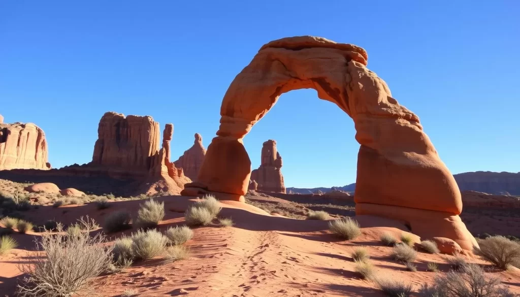 A majestic sandstone arch standing tall against a clear blue sky, its natural curves and reddish hues casting dramatic shadows across the desert landscape. In the foreground, a rugged, sun-dappled trail winds through the arid terrain, inviting visitors to explore this iconic landmark. In the middle ground, towering red rock formations create a stunning backdrop, their jagged silhouettes contrasting with the delicate arch. The scene is bathed in warm, golden light, capturing the serene and awe-inspiring essence of Delicate Arch, a must-see attraction in Arches National Park, Utah.