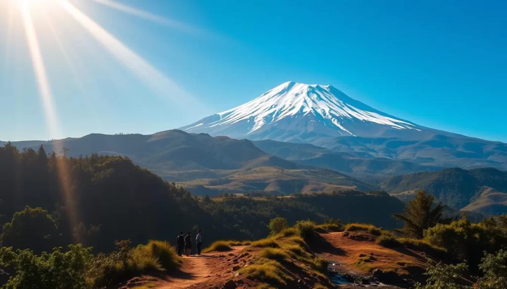 A majestic snow-capped peak of Mount Kilimanjaro rises majestically against a clear blue sky, its slopes blanketed in lush, verdant foliage. In the foreground, a winding hiking trail leads through a diverse landscape of dense tropical forests, rolling hills, and trickling streams. Rays of warm, golden sunlight filter through the canopy, casting a serene, natural glow over the entire scene. Hikers in the middle ground pause to admire the breathtaking views, their silhouettes providing a sense of scale and human connection to this awe-inspiring natural wonder. The background is dominated by the majestic, snow-capped summit, its icy slopes reaching towards the heavens, inviting exploration and adventure.