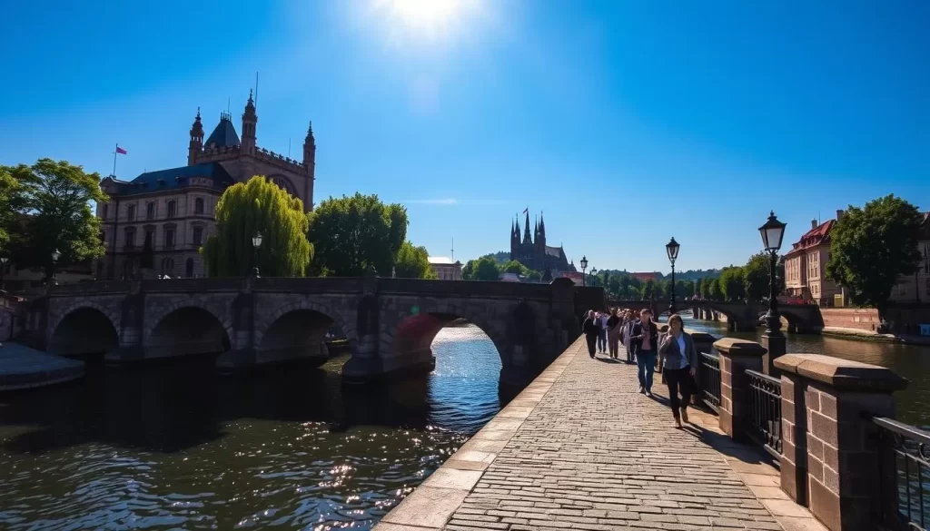 A majestic stone bridge spanning the gentle Oder River, the Tumski Bridge in Wroclaw, Poland stands as a testament to the city's historic charm. Sunlight glitters on the water, illuminating the bridge's ornate Gothic architecture and the picturesque Cathedral Island in the background. Pedestrians stroll along the bridge's weathered cobblestones, taking in the serene surroundings and the verdant trees lining the riverbanks. The scene exudes a timeless, tranquil atmosphere, inviting viewers to immerse themselves in the historic heart of Wroclaw.
