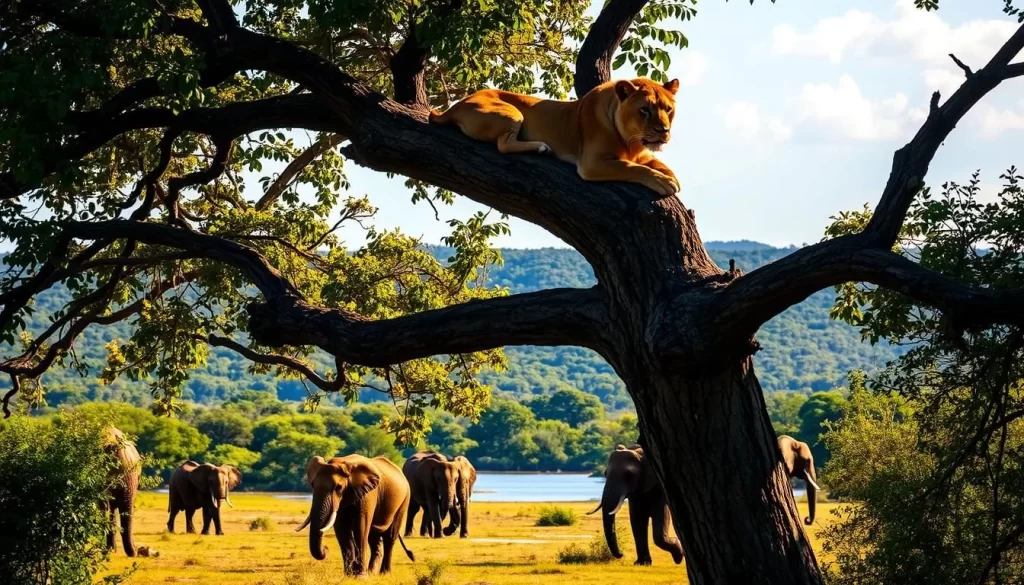 A majestic tree-climbing lion lounges atop a sturdy branch, its powerful frame silhouetted against the warm, golden light of a serene afternoon at Lake Manyara. In the lush, verdant foliage below, a herd of elephants grazes peacefully, their large ears flapping gently in the soft breeze. The tranquil waters of the lake reflect the vibrant blues of the sky, creating a picturesque scene that captures the incredible wildlife diversity of this stunning Tanzanian national park.