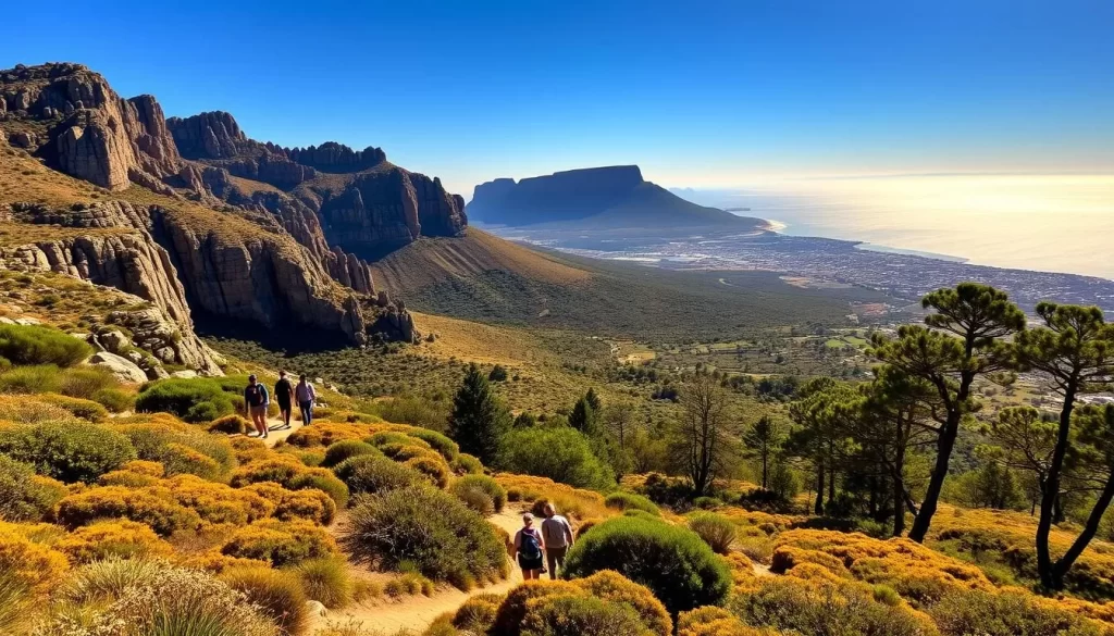 A majestic vista of Table Mountain National Park unfolds, its ancient sandstone cliffs bathed in golden sunlight. In the foreground, a group of hikers ascends a winding trail, their footsteps echoing the park's rich history. The middle ground reveals a diverse tapestry of indigenous flora, from the iconic fynbos to towering pine trees. In the distance, the iconic flat-topped silhouette of Table Mountain stands as a testament to the region's geological past, surrounded by the sparkling waters of the Atlantic Ocean. A sense of adventure and discovery permeates the scene, inviting visitors to explore the park's captivating stories and natural wonders.