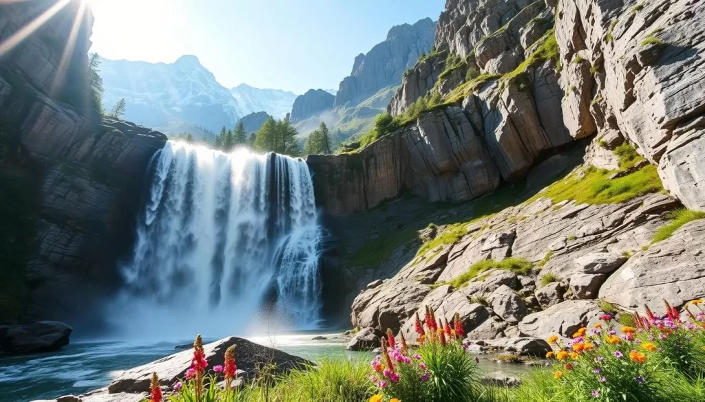 A majestic waterfall cascading down the rugged cliffs of Bad Gastein, Austria. The crystal-clear waters plunge over the rocky ledges, creating a mesmerizing display of power and grace. Sunlight filters through the mist, casting a warm glow over the scene. In the foreground, lush greenery and vibrant wildflowers line the banks, adding to the serene and picturesque setting. The middle ground showcases the towering, snow-capped peaks of the surrounding mountains, creating a dramatic backdrop. Capture the essence of this natural wonder with a wide-angle lens, showcasing the scale and grandeur of this magnificent waterfall in the heart of the Austrian Alps.