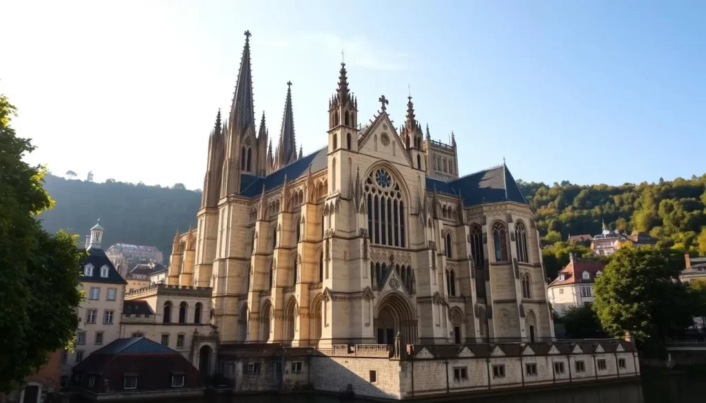 A massive Gothic cathedral with detailed spires, ornate stone arches, and stained glass windows bathed in warm afternoon sunlight. Capture the intricate architectural elements and the serene atmosphere of the Notre Dame de Dinant Cathedral, situated along the Meuse River in the picturesque Belgian town of Dinant. Render the scene with a wide-angle lens to showcase the cathedral's grand scale and imposing presence, while framing the surrounding medieval architecture and the lush, tree-lined riverbanks in the background. Convey a sense of timeless beauty and reverence befitting this historic religious landmark.