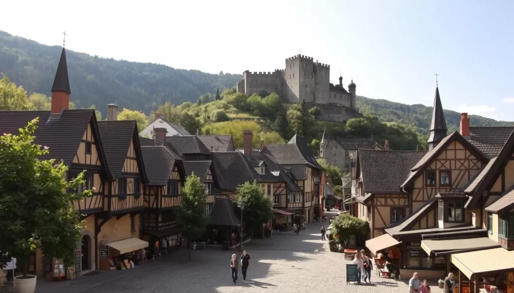 A medieval town nestled in a picturesque valley, with cobblestone streets winding past half-timbered houses and towering spires. Warm sunlight filters through lush trees, casting gentle shadows on the bustling marketplace filled with local vendors and artisans. In the distance, the imposing silhouette of a castle looms atop a verdant hill, its weathered stone walls and turrets standing as a testament to the town's storied past. The air is infused with the aroma of freshly baked bread and the lively chatter of the townspeople going about their daily lives. An idyllic scene that captures the timeless charm and tranquility of a well-preserved medieval gem.