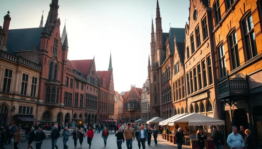 A medieval town square in Bruges, Belgium, bathed in warm, golden sunlight. Towering Gothic spires and ornate brick facades of historic buildings line the cobblestone streets. Quaint shops, cafes, and horse-drawn carriages add to the timeless charm. In the foreground, locals and tourists mingle, strolling leisurely or enjoying a refreshment. A wide-angle lens captures the grandeur of the scene, with a shallow depth of field highlighting the intricate architectural details. The overall mood is one of tranquility and enchantment, transporting the viewer back to the heart of medieval Europe.