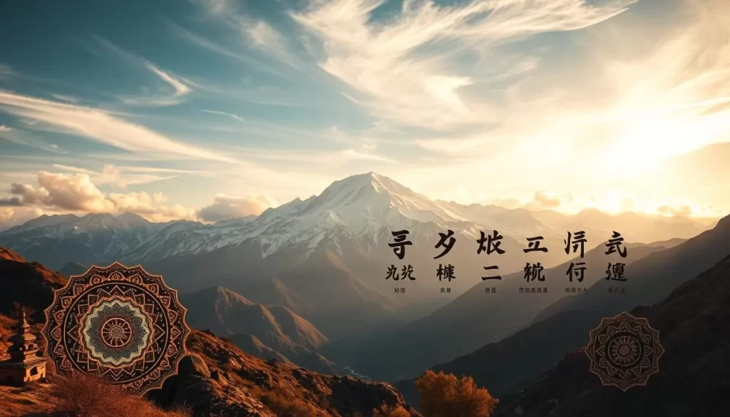 A mesmerizing landscape showcasing the diversity of the Sino-Tibetan language family. Set against a serene mountainous backdrop, a vibrant tapestry of cultural symbols and linguistic scripts unfolds, representing the intricate connections between these ancient tongues. Warm sunlight filters through wispy clouds, casting a gentle glow over the scene. In the foreground, intricate mandalas and calligraphic patterns intertwine, hinting at the rich heritage and traditions that shape these languages. The middle ground features stylized depictions of prominent Sino-Tibetan language groups, each with its unique script and artistic elements. The background panorama captures the majestic snow-capped peaks, evoking a sense of timeless grandeur that has long inspired these linguistic traditions.