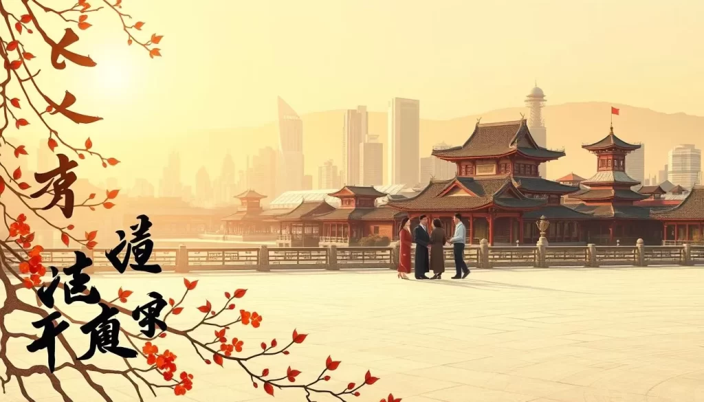 A meticulously detailed illustration of the Mandarin Chinese language, set against a serene backdrop of a picturesque East Asian cityscape. In the foreground, intricate calligraphic characters cascade elegantly, their brushstrokes capturing the graceful essence of this ancient script. In the middle ground, a group of people engage in lively conversation, their body language and facial expressions conveying the expressive nature of Mandarin's spoken form. The background features a harmonious blend of traditional architectural elements and modern high-rises, bathed in warm, golden sunlight that imbues the scene with a sense of tranquility and cultural richness. The overall composition exudes a refined, contemplative atmosphere, inviting the viewer to immerse themselves in the beauty and significance of the Mandarin Chinese language.
