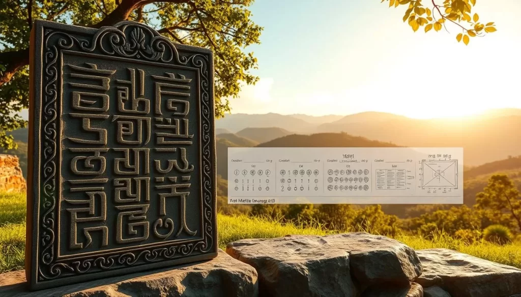 A meticulously detailed illustration of the Meitei language phonology, depicted on a sun-dappled day. In the foreground, an ornately carved stone tablet displays the intricate Meitei script, its characters carved with precision. Behind it, a lush, verdant landscape unfolds, with rolling hills and vibrant foliage. In the middle ground, a series of diagrams and charts showcases the complex vowel and consonant systems of the Meitei language, presented in a clear, informative manner. The scene is bathed in warm, golden light, creating a serene and scholarly atmosphere, inviting the viewer to explore the linguistic nuances of this captivating language.