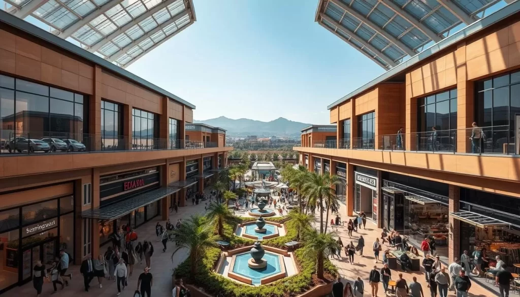 A modern, sprawling shopping complex nestled in the heart of East London, South Africa. Hemingway's Mall features a striking architectural design with a mix of glass, steel, and warm natural stone. Sunlight filters through the large skylights, casting a soft, inviting glow over the bustling crowds browsing the diverse array of stores. In the foreground, shoppers stroll past high-end boutiques and trendy cafes, while the middle ground showcases a lush central courtyard with a soothing water feature. Beyond, the background reveals a panoramic view of the surrounding hills, creating a picturesque setting that seamlessly blends urban convenience with the natural beauty of the region.