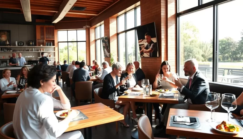 A modern, upscale dining experience in the heart of Nelspruit, South Africa. Sunlight filters through large windows, illuminating the tasteful decor of natural wood, clean lines, and subtle pops of vibrant color. Well-dressed patrons enjoy a leisurely meal, sipping locally-sourced wines and savoring the flavors of expertly-prepared regional dishes. The atmosphere is relaxed yet refined, with an open kitchen allowing diners to witness the culinary artistry. Capture the essence of dining in Nelspruit - a vibrant fusion of urban sophistication and local flair.