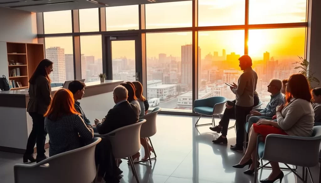 A modern, well-lit office interior with a reception desk and waiting area. In the foreground, a diverse group of people are seated, engaged in friendly conversation. A language interpreter stands nearby, ready to assist. Through large windows, we glimpse a vibrant cityscape outside, bathed in warm, natural light. The overall atmosphere conveys a sense of inclusivity, efficiency, and accessible services catering to individuals from various linguistic backgrounds.