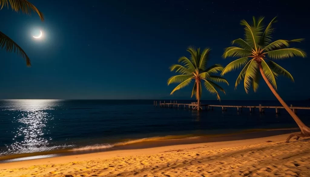 A moonlit night on the pristine shores of Lang Tengah Island, Malaysia. The tranquil waters of the South China Sea reflect the glowing crescent moon and twinkling stars. Swaying palm trees line the sandy beach, casting gentle shadows. In the distance, a small wooden jetty extends into the calm, inky waves. The warm, tropical breeze carries the soothing sound of lapping waves. A serene, enchanting scene that invites night owls to bask in the peaceful ambiance of this idyllic island paradise.