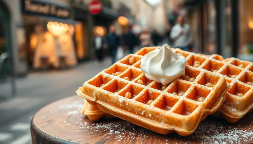 A mouthwatering close-up of freshly baked Liège waffles, their golden-brown exterior glistening under soft, warm lighting. The lightly caramelized, yeast-risen dough is dotted with pockets of sweet pearl sugar, creating a delightful crunch with each bite. The waffles are arranged artfully on a rustic wooden surface, accompanied by a dusting of powdered sugar and a dollop of whipped cream. In the background, a blurred city street scene with people strolling by, capturing the vibrant atmosphere of Liège, Belgium. The overall mood is inviting and mouthwatering, showcasing the irresistible local specialty.
