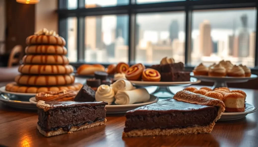 A mouthwatering display of classic Chicago desserts artfully arranged on a wooden table, bathed in warm, soft lighting. In the foreground, a towering slice of deep-dish chocolate pie, its flaky crust and rich filling glistening. Alongside, a tray of decadent, caramel-drizzled brownies and a plate of fluffy, cream-filled cannoli. In the middle ground, a selection of colorful, glazed Kringle pastries and delicate, bite-sized cheesecake bites. The background features a glimpse of the vibrant city skyline through a large window, creating a cozy, inviting atmosphere. The scene exudes the indulgent flavors and cherished traditions that make Chicago's dessert culture so renowned.
