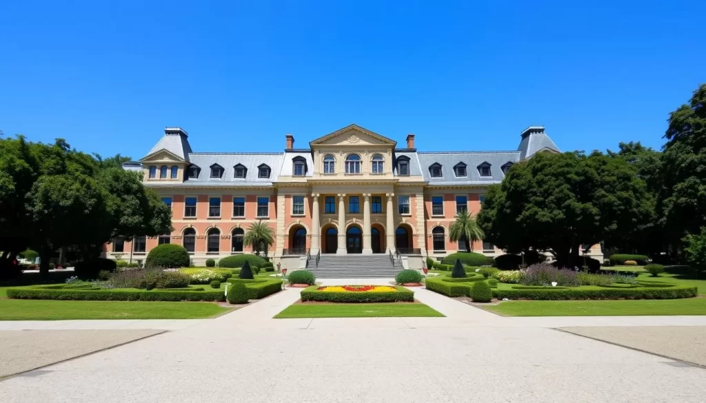 A museum building with a façade that reflects the architectural style of the early 20th century, surrounded by gardens.