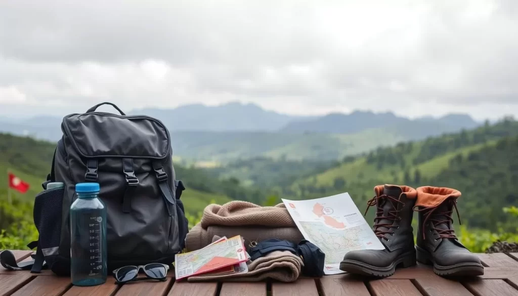 A neatly arranged collection of travel essentials for a weather-savvy trip to Tripura, India. In the foreground, a sturdy backpack, water bottle, and a folded rain jacket. Beside them, a compass, sunglasses, and a map. In the middle ground, a cozy sweater, hiking boots, and a first-aid kit. In the background, a lush, verdant landscape with rolling hills and a cloudy, yet bright sky. The overall scene conveys a sense of preparedness and adventure, perfect for exploring Tripura's diverse landscapes during the best months.