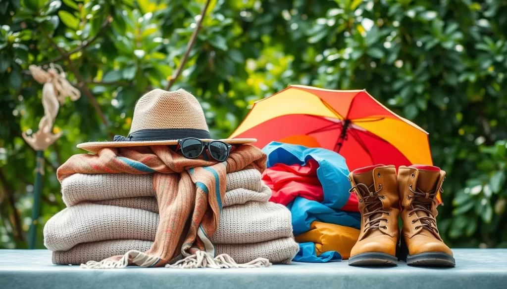 A neatly folded pile of summer clothing rests against a backdrop of lush foliage, with a light breeze gently rustling the leaves. In the foreground, a cozy sweater, a warm scarf, and a sturdy pair of boots hint at the cooler seasons to come, while a sunhat and sunglasses suggest the need for protection from the Chandigarh sun. The middle ground showcases a vibrant array of monsoon-ready attire, including a raincoat and a colorful umbrella, reflecting the region's unpredictable weather patterns. Throughout the composition, a sense of careful consideration and preparation for the diverse climates of Chandigarh is evident, inviting the viewer to envision a weather-savvy journey.