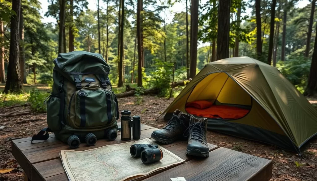 A neatly organized campsite in the lush, verdant Deramakot Forest Reserve, Malaysia. In the foreground, a compact hiking backpack, binoculars, and a water bottle sit atop a sturdy wooden table. Nearby, a lightweight tent and sleeping bag are carefully laid out, ready for the adventurous explorer. The middle ground features a weathered map and a pair of durable hiking boots, hinting at the thrilling trails to be traversed. In the background, the towering, sun-dappled trees of the reserve create a serene, natural atmosphere, inviting the viewer to embark on an unforgettable journey.