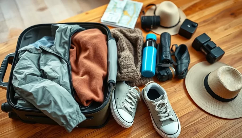 A neatly packed suitcase sits on a wooden table, its contents spilling out in an inviting display. In the foreground, a variety of weather-appropriate essentials are meticulously arranged: a lightweight windbreaker, an umbrella, a cozy sweater, and a pair of comfortable walking shoes. The middle ground features a travel-sized toiletry kit, a reusable water bottle, and a sun hat, suggesting the need to be prepared for both sunny and rainy conditions. In the background, a map, a camera, and a smartphone hint at the adventurous spirit of the trip. Warm, natural lighting illuminates the scene, creating a sense of organization and readiness for the journey ahead.