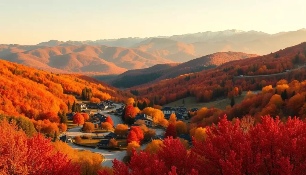 A panoramic autumn landscape in North Korea, bathed in warm golden light. In the foreground, a picturesque village nestled amidst vibrant crimson and amber foliage. Winding paths lead through the quaint streets, inviting exploration. In the middle ground, rolling hills covered in a patchwork of autumnal hues - reds, oranges, and yellows mingle with the deep greens of pine forests. The background is dominated by a majestic mountain range, its peaks dusted with a light layer of snow, reflecting the sun's rays. The scene exudes a sense of serene tranquility, capturing the essence of North Korea's captivating autumn beauty.