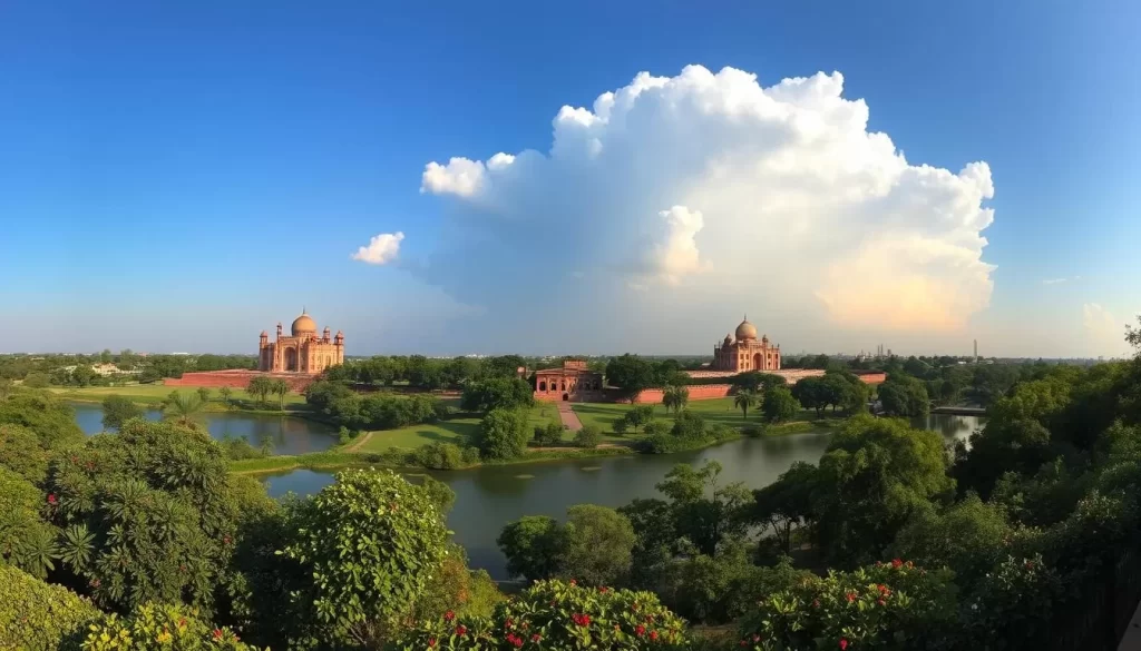 A panoramic landscape depicting the climate patterns of Delhi, India. In the foreground, a lush green park with vibrant flora and a serene lake, reflecting the clear blue sky above. In the middle ground, the iconic landmarks of Delhi, such as the Red Fort and Humayun's Tomb, bathed in warm, golden sunlight. In the background, dramatic thunderclouds gather, hinting at the region's diverse seasonal shifts. The scene is captured with a wide-angle lens, highlighting the city's distinct microclimates and the interplay between urban development and natural elements. The overall mood is one of contemplation and appreciation for the delicate balance of Delhi's climate patterns.