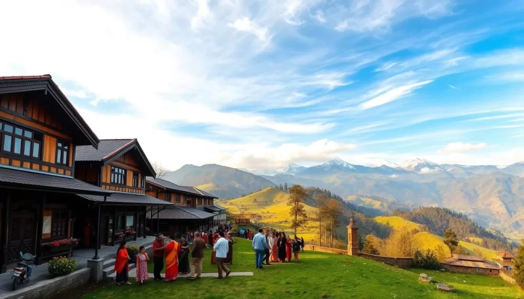 A panoramic landscape depicting the scenic Himalayan hills of Himachal Pradesh, India. In the foreground, traditional government buildings with slanted roofs, ornate windows, and intricately carved wooden facades stand tall, symbolizing the administrative functions. Vibrant local community members converse in various languages, their colorful traditional attire reflecting the region's cultural diversity. The middle ground showcases lush green meadows dotted with blooming flowers, while the distant mountains rise majestically, their snow-capped peaks piercing the azure sky. The warm, golden sunlight filters through wispy clouds, casting a serene, ambient glow over the entire scene. Shot with a wide-angle lens to capture the grandeur of the landscape, this image conveys the harmonious blend of official functions and the rich linguistic tapestry that characterizes Himachal Pradesh.