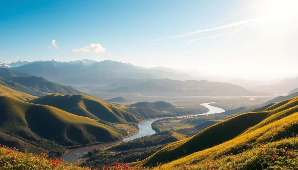 A panoramic landscape of Chiajai County, Taiwan, on a pleasant day. In the foreground, lush green hills roll gently, dotted with vibrant wildflowers. A winding river flows through the middle ground, its crystal-clear waters reflecting the azure sky above. In the distance, the towering, snow-capped peaks of the Central Mountain Range rise majestically, casting long shadows across the tranquil valley. The warm, golden light of the sun bathes the scene, creating a serene and inviting atmosphere. A few wispy clouds drift lazily overhead, completing the idyllic picture of Chiajai County's temperate, pleasant climate.