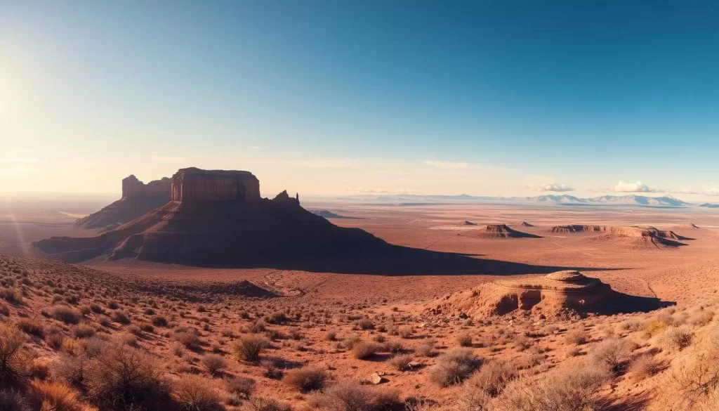 A panoramic landscape of New Mexico's diverse climate, showcasing the arid, sun-drenched desert in the foreground, with towering mountains in the middle ground and a vast, azure sky in the background. The scene is bathed in warm, golden sunlight, casting long shadows and highlighting the rugged, weathered textures of the terrain. In the distance, wispy clouds drift lazily across the horizon, adding depth and a sense of tranquility to the overall composition. The image should convey the stark beauty and dramatic contrasts that define the climate of this unique region.