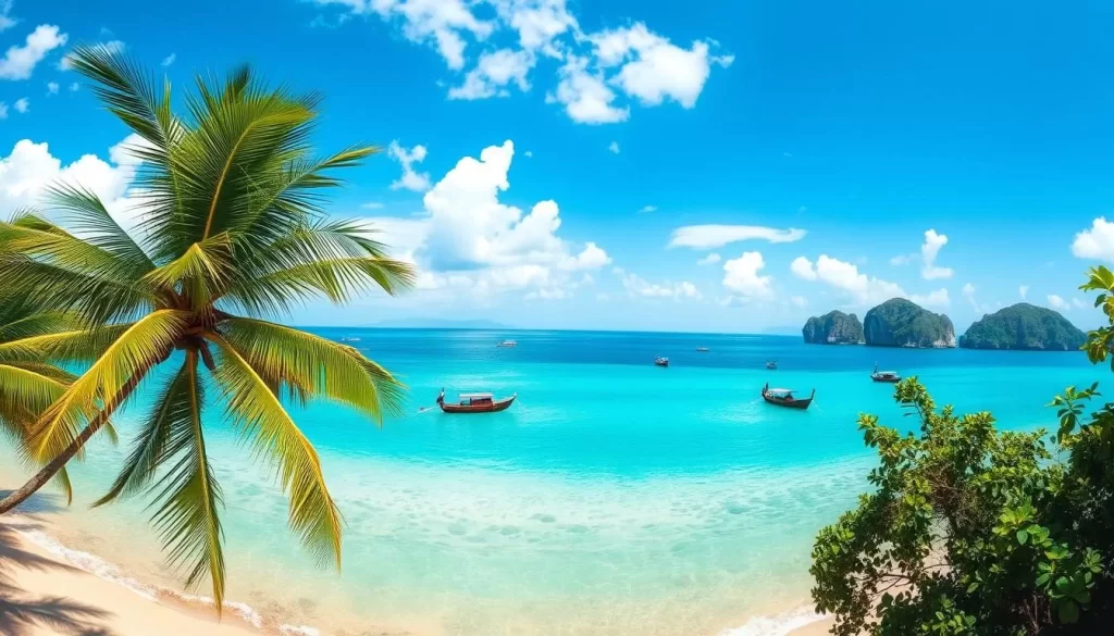 A panoramic landscape of Trang, Thailand during its peak season. Vibrant blue skies with fluffy white clouds overhead, sunlight gently filtering through. In the foreground, lush green palm trees sway in a light breeze, their fronds casting dappled shadows on the golden sandy beach below. The crystal clear turquoise waters of the Andaman Sea lap at the shore, beckoning visitors to swim and relax. In the middle ground, traditional Thai longtail boats dot the horizon, their colorful hulls reflecting in the calm waters. Distant limestone cliffs rise up, their craggy forms silhouetted against the bright horizon. An atmosphere of tranquility and natural splendor, capturing the ideal time to experience the beauty of Trang.