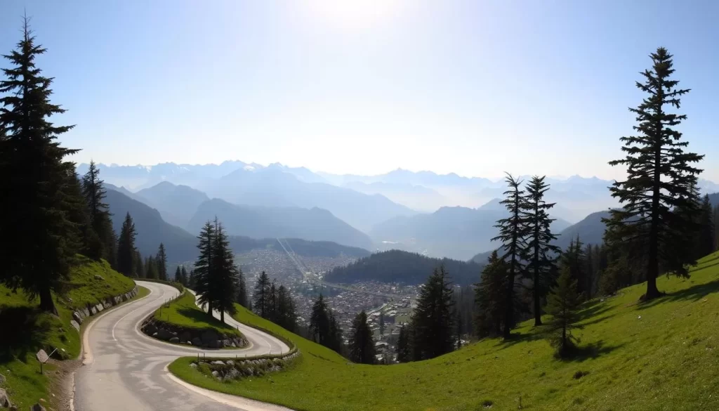 A panoramic landscape of the picturesque town of Auli, nestled amidst the majestic Himalayan peaks. In the foreground, a winding mountain road leads up to the town, flanked by lush green meadows and towering pine trees. In the middle ground, the town's iconic cable car system stretches across the valley, offering breathtaking views. The background is dominated by the snow-capped Nanda Devi and Kamet ranges, bathed in the warm glow of the sun. Crisp, clear skies and a serene, peaceful atmosphere convey the tranquility of this picturesque destination. The image captures the essence of Auli - a scenic, accessible hill station perfect for a refreshing getaway.