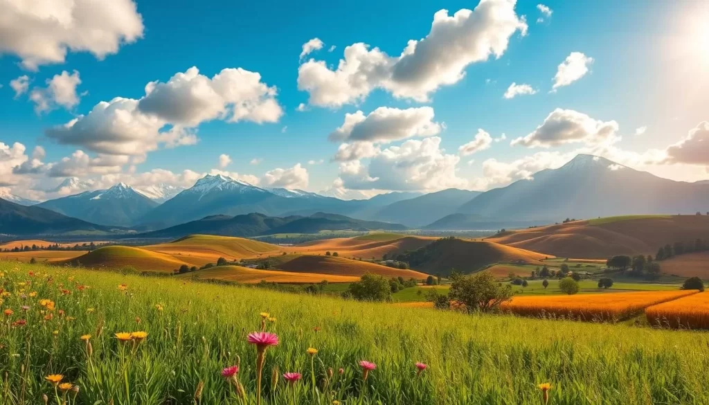 A panoramic landscape showcasing the diverse climate of Haryana, India. In the foreground, a lush, verdant meadow with vibrant wildflowers sways gently in the warm breeze. The middle ground features undulating hills, their slopes blanketed in a patchwork of golden wheat fields and verdant orchards. Towering mountain peaks, their snow-capped summits glistening in the sun, rise majestically in the distant background. The sky, a brilliant azure, is dotted with fluffy, cotton-like clouds, creating a serene and picturesque atmosphere. Lighting is soft and natural, with the sun casting a warm, golden glow over the entire scene. The overall mood is one of tranquility, beauty, and the harmonious coexistence of Haryana's diverse climatic zones.