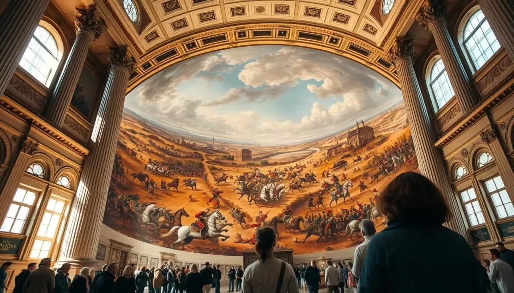A panoramic masterpiece set in the heart of historic Wrocław, Poland. A grand, sunlit hall showcasing the massive Racławice Panorama, a colossal 19th-century circular painting depicting a pivotal battle. Towering columns and ornate architectural details frame the imposing, immersive artwork. Visitors gaze up in awe at the sweeping landscape, horses and soldiers engaged in a dramatic, lifelike scene. Soft natural light filters through large windows, casting a warm, contemplative ambiance. The scene evokes a sense of reverence for Polish history and culture, inviting the viewer to step into this magnificent museum experience.
