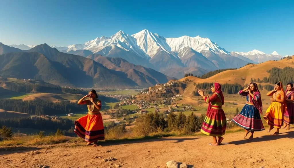 A panoramic scene of the highlands of Himachal Pradesh, India, showcasing the historical evolution of languages. In the foreground, vibrant local folk dancers perform traditional moves, their colorful attire and accessories reflecting the linguistic diversity. The middle ground features rolling hills and verdant valleys, with clusters of quaint villages nestled among them. In the background, majestic snow-capped peaks rise majestically, hinting at the mountainous terrain that has shaped the region's linguistic landscape over centuries. The lighting is warm and golden, casting a romantic glow over the entire scene. Capture this with a wide-angle lens to accentuate the grand scale of the landscape and the rich tapestry of cultural expression.