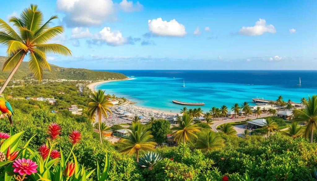 A panoramic view of Christmas Island during the peak travel season. In the foreground, a lush tropical landscape with vibrant flora and fauna, including colorful birds and exotic wildlife. The middle ground features a bustling coastal town with quaint harbor-side cafes and visitors strolling along the promenade. In the background, crystal-clear turquoise waters and a cloudless azure sky, creating a serene and inviting atmosphere. Soft, diffused lighting illuminates the scene, casting a warm, golden glow over the entire landscape. The composition captures the essence of Christmas Island's natural beauty and the vibrant, yet relaxed, energy of the peak tourist period.