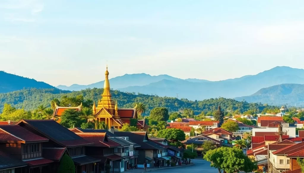 A panoramic view of Lampang's captivating cityscape unfolds, framed by lush, verdant hills and a clear azure sky. In the foreground, the historic wooden houses and traditional shophouses line the tranquil streets, their distinctive architecture and vibrant colors reflecting the city's rich heritage. The middle ground showcases the iconic Wat Phra That Lampang Luang, its golden spires and intricate details gleaming in the warm, golden afternoon light. In the distance, the silhouettes of the majestic Doi Khun Tan mountain range form a picturesque backdrop, creating a harmonious blend of natural and man-made elements. The scene conveys a sense of serene and timeless beauty, inviting the viewer to discover the hidden gems of Lampang, Thailand's captivating northern treasure.