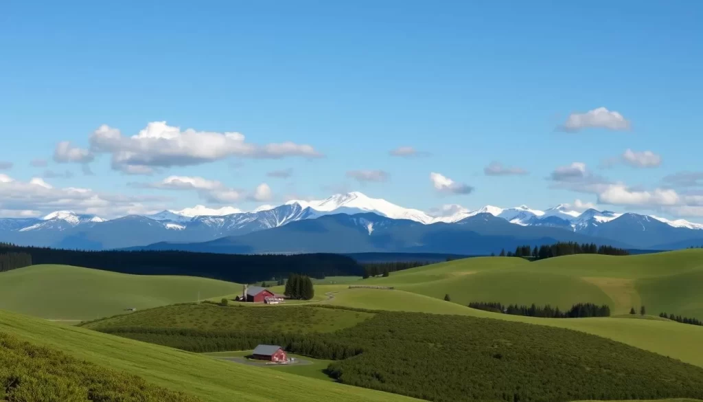 A panoramic view of Oregon's diverse weather patterns on a clear, sunny day. In the foreground, rolling hills blanketed in lush green vegetation, with a quaint farmhouse and rustic barn nestled between. The middle ground showcases towering, snow-capped peaks of the Cascade mountain range, casting long shadows across the landscape. The background gradually transitions to a vibrant blue sky, dotted with fluffy white clouds that cast gentle, dappled light across the scene. The overall atmosphere is one of peaceful tranquility, inviting the viewer to experience the natural beauty and dynamic climate of this captivating region.