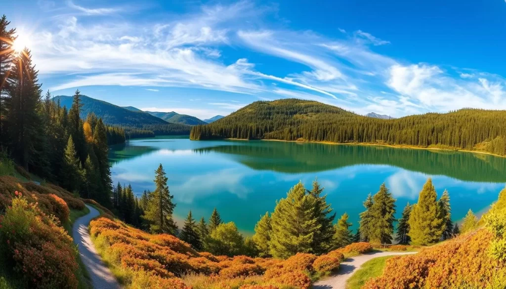 A panoramic view of Yedigöller National Park in Turkey during its seasonal beauty. A lush, verdant landscape with seven pristine alpine lakes surrounded by dense, towering pine forests. Sunlight filters through the canopy, casting a warm, golden glow over the tranquil waters. The reflections of the trees and sky dance on the mirror-like surface. In the foreground, a path winds through the vibrant, colorful foliage, leading the viewer deeper into this serene, captivating natural wonder. Wispy clouds drift across a brilliant blue sky, adding depth and dimension to the idyllic scene. The overall mood is one of peaceful, unspoiled harmony, perfectly capturing the best times to visit this stunning Turkish treasure.
