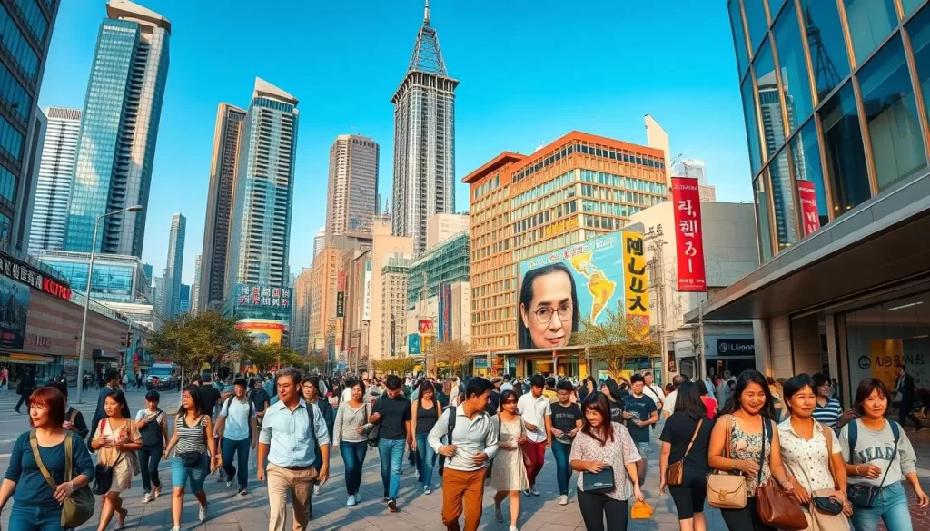 A panoramic view of a bustling street in a vibrant South Korean city, with towering skyscrapers and modern architecture as the backdrop. In the foreground, a diverse group of pedestrians stroll along the sidewalk, engaged in lively conversations in the distinctive Korean language. The scene is illuminated by a warm, golden light, creating a welcoming and energetic atmosphere. The camera captures the dynamic interplay of the urban landscape and the vibrant linguistic diversity that defines the Korean language landscape in South Korea.
