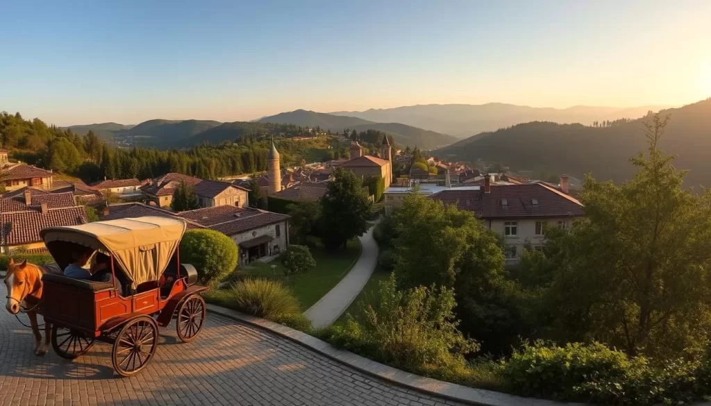 A panoramic view of a historic town nestled in the forested hills of Safranbolu, Turkey. In the foreground, a traditional Ottoman-style horse-drawn carriage slowly traverses the cobblestone streets, its passengers admiring the charming architecture. In the middle ground, a well-maintained walking path winds through lush greenery, inviting visitors to explore the town's picturesque alleyways. The background showcases the rolling hills and distant peaks, bathed in warm, golden sunlight that casts a serene, tranquil atmosphere over the scene. Capture the essence of this historic transportation method and the idyllic setting of Safranbolu, a UNESCO World Heritage site.