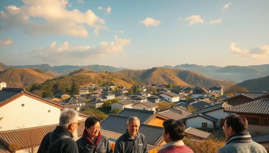 A panoramic view of a picturesque village nestled in the rolling hills of North Chungcheong Province, South Korea. The distinctive architecture of traditional Korean houses, with their curved tile roofs and whitewashed walls, dot the landscape. In the foreground, locals converse animatedly, their accents and mannerisms capturing the unique cadence of the Chungcheong dialect. Warm afternoon sunlight filters through wispy clouds, casting a golden glow over the scene. A sense of tranquility and cultural heritage pervades the atmosphere, inviting the viewer to immerse themselves in the rich linguistic tapestry of this captivating region.