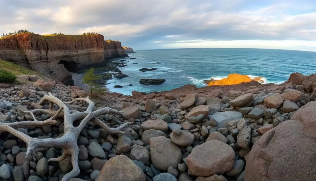 A panoramic view of a rugged, windswept coastline in Quoddy Head State Park, Maine. The foreground features a rocky shoreline with tide pools and gnarled driftwood. The middle ground showcases dramatic cliffs and headlands, their layers of sedimentary rock sculpted by the relentless Atlantic waves. In the background, a wide expanse of open ocean stretches to the horizon, with the sun casting a warm, golden glow over the entire scene. Capture this natural wonder with a wide-angle lens, accentuating the sense of scale and grandeur. The overall mood is one of serene, untamed beauty, inviting nature photographers to immerse themselves in the stunning coastal landscape.