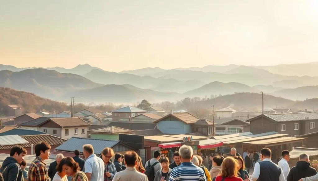 A panoramic view of a scenic town nestled in the rolling hills of North Chungcheong Province, South Korea. In the foreground, locals engage in lively conversations, their regional dialects adding a unique musical quality to the air. The middle ground features a bustling marketplace, where vendors shout out their wares in a vibrant mix of standard Korean and local vernacular. In the background, the silhouettes of ancient mountain peaks rise, creating a peaceful, contemplative atmosphere. Warm sunlight bathes the scene, casting a golden glow and highlighting the diversity of linguistic expressions that define this culturally rich region.