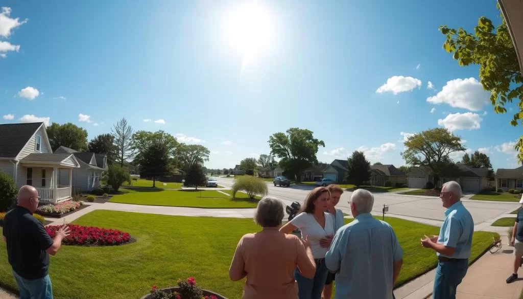 A panoramic view of a tranquil suburban neighborhood under a bright, sun-dappled sky. In the foreground, a group of people engaged in lively conversation, their gestures and expressions conveying the natural flow of spoken English. The middle ground features well-manicured lawns, blooming flower beds, and neatly parked cars, creating a sense of peaceful domesticity. In the background, the silhouettes of residential homes and towering trees frame the scene, evoking the quintessential Midwestern charm of Iowa. The overall atmosphere is one of warmth, community, and the everyday vibrancy of the English language as the official and widely spoken tongue of the region.