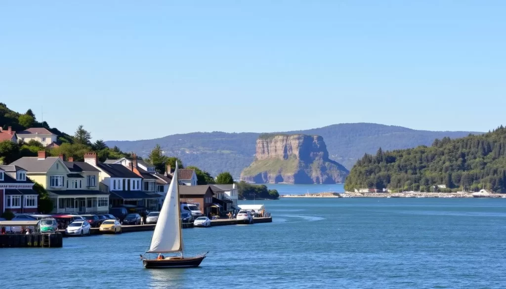 A panoramic view of historic Knysna, nestled along the lush, rolling hills of the Garden Route in South Africa. The sun casts a warm glow over the charming Victorian architecture, with quaint shops and cafes lining the bustling waterfront. In the foreground, a sailboat glides across the serene Knysna Lagoon, its sails catching the gentle breeze. The middle ground features the iconic Knysna Heads, towering sandstone cliffs that guard the entrance to the lagoon. Beyond, the dense, verdant forests of the Knysna Forests stretch out, hinting at the region's natural beauty and rich history. The scene conveys a sense of timeless tranquility, inviting the viewer to explore Knysna's captivating past and vibrant present.
