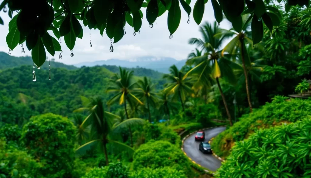 A panoramic view of lush, verdant hills in Tamil Nadu during the monsoon season. In the foreground, raindrops patter gently on vibrant green foliage, casting a soft, diffused light. The middle ground features a winding road flanked by towering palm trees, their fronds swaying gracefully in the humid breeze. In the distance, mist-shrouded peaks rise majestically, their silhouettes hinting at the dramatic landscapes beyond. The overall scene conveys a sense of tranquility and the rejuvenating power of the seasonal rains, perfect for a weather-savvy trip to this region of India.