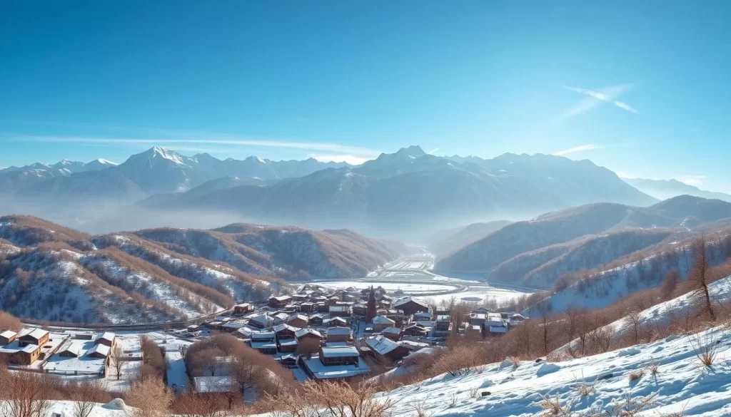 A panoramic view of snow-capped mountains in Uzbekistan, their peaks piercing the crisp, azure winter sky. In the foreground, a picturesque village nestled between rolling hills, its traditional clay-tiled rooftops and narrow streets blanketed in a pristine layer of fresh snow. Icy winds whip through the valley, creating a mesmerizing dance of snowflakes that glisten in the soft, diffused sunlight filtering through the clouds. The overall scene exudes a sense of tranquility and wonder, capturing the essence of a winter wonderland in this captivating Central Asian country.