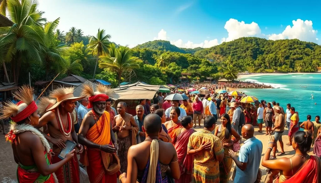 A panoramic view of the Andaman Nicobar Islands, showcasing their remarkable linguistic diversity. In the foreground, Indigenous tribal groups converse animatedly, their vibrant traditional attire and expressive gestures reflecting the richness of their mother tongues. In the middle ground, a bustling marketplace where merchants from diverse backgrounds negotiate in a cacophony of languages, each adding to the vibrant tapestry of the islands' linguistic landscape. In the distant background, lush tropical forests and pristine beaches serve as a serene backdrop, hinting at the natural beauty that has long drawn settlers to this remote archipelago. Warm sunlight filters through the verdant canopy, casting a gentle glow over the scene and highlighting the harmonious coexistence of the islands' many linguistic communities.