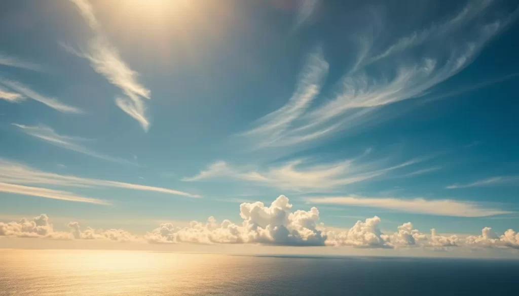 A panoramic view of the Marshall Islands' azure skies and fluffy white clouds. Warm sunlight filters through the atmospheric layers, casting a golden glow over the endless ocean horizon. Wispy cirrus clouds dance gracefully, their delicate tendrils trailing across the serene expanse. In the middle ground, cumulus formations build up, their billowing shapes casting gentle shadows on the shimmering waters below. The overall scene exudes a sense of tranquility and natural beauty, perfectly capturing the weather-savvy essence of the Marshall Islands.