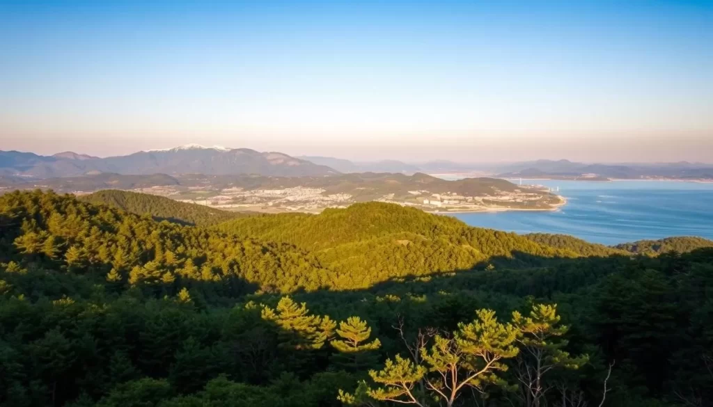 A panoramic view of the diverse landscapes of Gangwon Province, South Korea, bathed in warm, golden sunlight. In the foreground, lush, verdant forests stretch out, their canopies swaying gently in a light breeze. The middle ground reveals rolling hills and mountainous terrain, their peaks capped with a dusting of snow. In the distance, a serene lake reflects the clear, azure sky, its surface rippling with the movement of water. The scene exudes a sense of tranquility and natural harmony, capturing the unique climate and geography of this picturesque region.