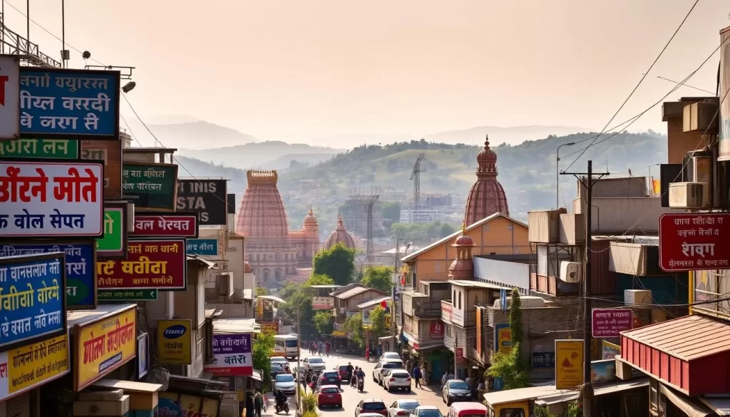 A panoramic view of the diverse linguistic landscape of Maharashtra, India. In the foreground, vibrant signage in Marathi, Hindi, and English script adorns the bustling streets, reflecting the multilingual nature of the region. The middle ground showcases the architectural heritage, with ornate temples and towering skyscrapers coexisting harmoniously. In the background, rolling hills and lush greenery provide a serene backdrop, creating a sense of balance between the urban and the natural. The warm, golden sunlight casts a gentle glow, illuminating the intricate details and creating a welcoming atmosphere. The scene captures the richness and dynamism of Maharashtra's linguistic tapestry.